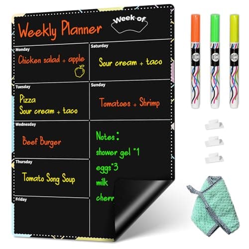 Image of CUHIOY Weekly Meal Planner - 42x30 cm Magnetic Dry Erase Menu Board for Fridge - Includes 3 Chalk Markers, Notepad & Grocery List - Kitchen Refrigerator Chalkboard Magnet Organizer