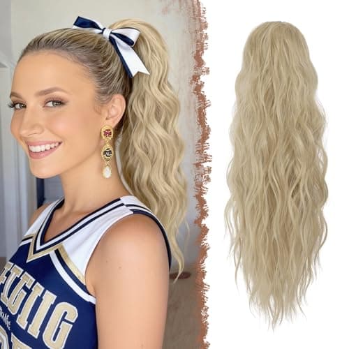 Image of FESHFEN Ponytail Extensions, Drawstring Ponytails Hair Extension Ash Blonde Long Curly Wavy Hair Piece Synthetic Blonde Pony Tail Hairpieces for Women, 18 inch