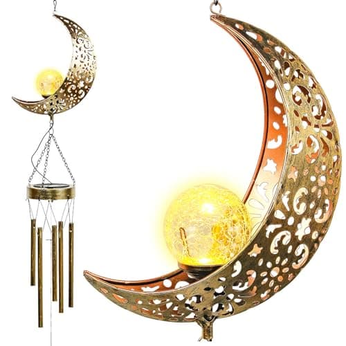 Image of Taylor & Brown Wind Chimes Solar Lights - Powered LED Moon Sun Night lights outdoor Garden Waterproof Metal Windbell Chime Light Lamp for Patio Deck Lawns Yard Patio (Moon)