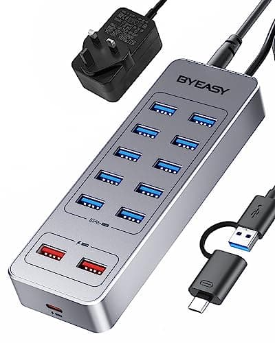 Image of BYEASY Powered USB Hub, 13-Port USB 3.0 Data Hub with 10*USB 3.0 Ports, 2*USB A Charging Ports and 1*USB C Charging Port, USB Splitter Powered with 12V3A Adapter for Laptop,Tablet, USB Flash Drives