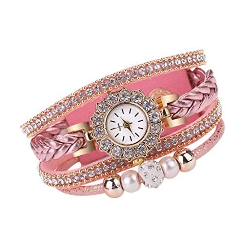 Image of Women Watch Vintage Quartz Fashion Wrist Watch For Ladies Women Wrap Watches Bracelet Weave Women's Watch Wind up Watches for Women No Battery (Pink, One Size)