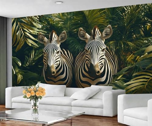 Image of GIVLWF Zebra Wallpaper Mural & Wall Decor, Animal Print Bedroom Wallpaper, Jungle Green Wall Paper for Living Room, Non-Self-Adhesive, Murals for Walls