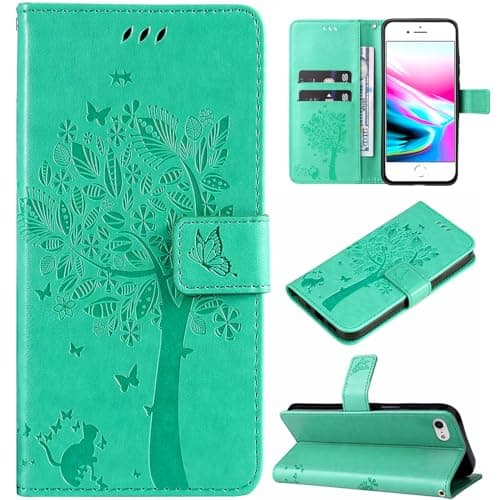 Image of Hancda Case for iPhone SE 2022 / iPhone SE 2020 / iPhone 8 / iPhone 7 Leather Case Wallet Flip Cover with Card Holder Slot Design Pattern Magnetic Stand Strap Shockproof Phone Case Cover,Green