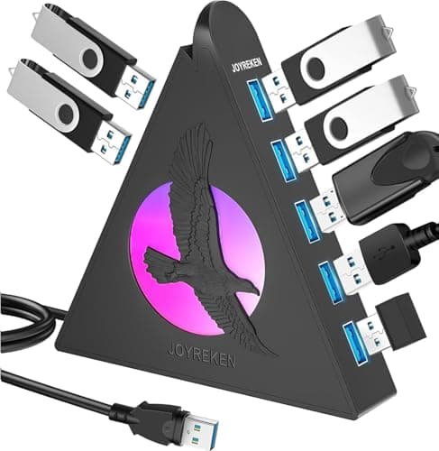 Image of 7 Port USB 3.0 Hub, JoyReken RGB USB Hub with RGB Night Light and 2ft Cable, USB Hub 3.0 Pink USB Expander for Laptop, PC, Flash Drive, HDD, Console, Printer, Keyboard, Mouse
