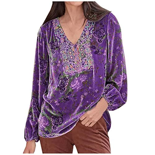 Image of Woman's Shirts UK Sale Elegant Velvet Tops V Neck Long Sleeve Blouses Retro Floral Print Shirts Plus Size Lantern Sleeve Patchwork Tops Size 8-22 Party Wear