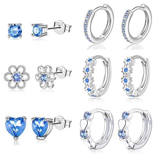 Image of RANKEEF 6 Pairs Huggie Hoop Earrings 925 Sterling Silver Stud Sets Cute Kids Heart Hoops Tiny Cubic Zirconia Flower Small Hypoallergenic Cartilage Sleeper for Teen Toddler Childs , Blue