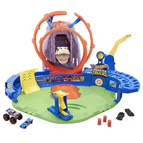 Image of Hot Wheels Monster Trucks, T-Rex Volcano Playset with Lights and Sounds, Includes 1:64 Scale Race Ace Monster Truck and 1:64 Scale Die-Cast Toy Car, GYL14