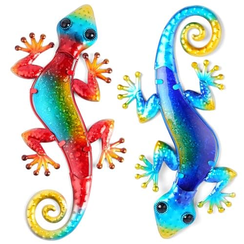 Image of AOOSU Metal Decor Gecko Art Decor, Wrought Iron Colorful Gecko Wall Sculptures, Outdoor Garden Fence Ornaments Hanging for Backyard Porch Patio（30.5 * 18cm 2pcs）