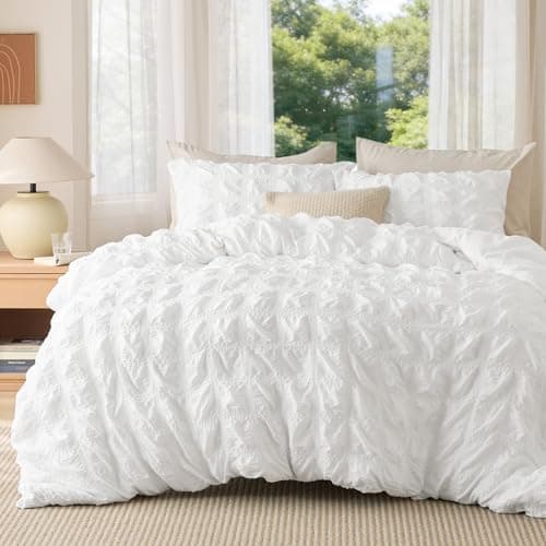 Image of Bedsure King Size Duvet Cover – White Seersucker Duvet Cover Sets, Puckering Textured Bedding Set, Soft Breathable Quilt Cover with Zipper Closure, 230x220 cm with 2 Pillowcases
