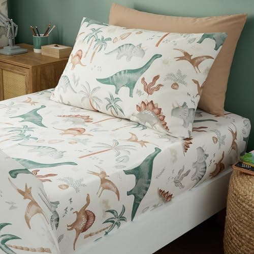 Image of Happy Linen Company Girls Boys Kids Scandi Saurus Dinosaur Ivory Standard Soft Easy Care Bed Linen Extra Pair Of Standard Pillow Cases