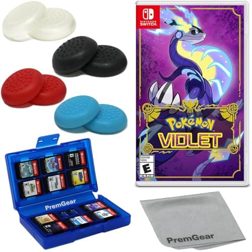 Image of Pokémon Violet for Nintendo Switch (US Version), with PremGear Thumb Grips (8 pack - Black, Blue, Red & Clear), 24 Slot Game Card Holder & Cleaning Cloth