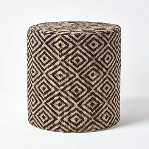 Image of HOMESCAPES Black and Natural Jute Herringbone Pattern Round Pouffe - 40 x 40 x 42 cm
