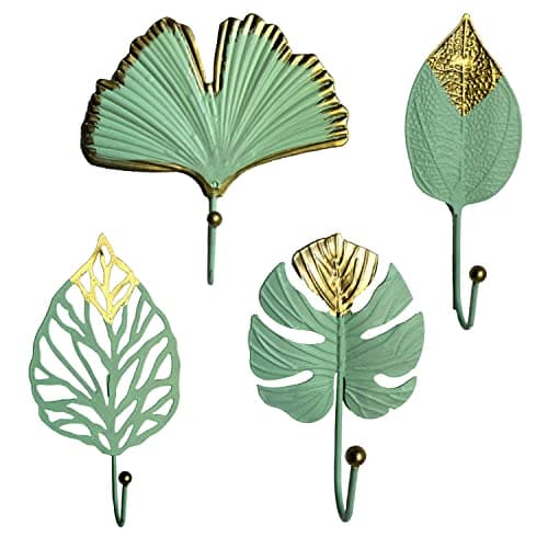 Image of zalati Hangers 4pcs Metal Mini Wall Holder with Leaf Shape Style for Clothing Handbag Scarf Keys Hangers - Green