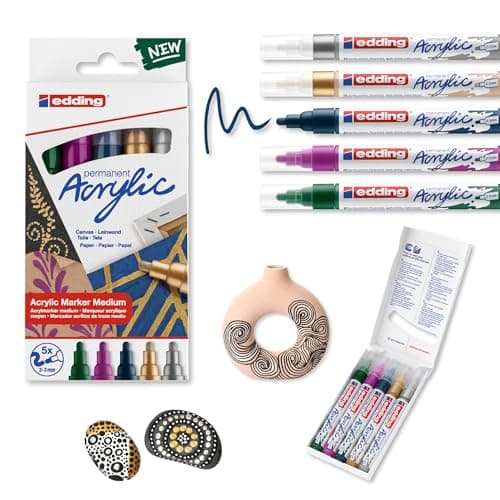 Image of edding 5100 acrylic marker - green purple blue silber gold - acrylic paint markers 5-pack (metallic) - round tip 2-3mm - acrylic marker for pebbles, canvas and wood - acrylic marker waterproof
