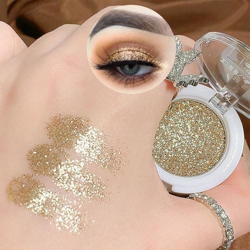 Image of Champagne Golden Glitter Powder Single Eye Shadows Make up, Metallic Glitter Pressed Powder Eyeshadow, Highly Pigmented Long Wearing Waterproof Gold Eyeshadow for Christmas Music Festivals Party