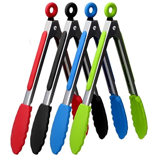 Image of ZHIYE 9” Kitchen Tongs, 4 Pcs Stainless Steel Tongs with Silicone Tips and Locking Clip, Non-Slip for Food, Cooking, BBQ, Serving, Salad, Ice, Heat Resistant Food Grade
