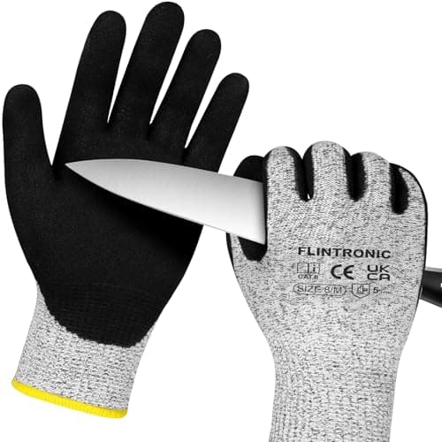 Image of flintronic Safety Work Gloves, Nitrile Coated Gloves, Non-Slip Work Handling-gloves, Firm Grip Protective Working Glove for Gardening, Builders, General Duty (M - Size 8, Black)
