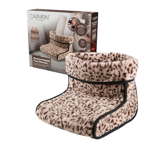 Image of Carmen C81285LPD Comfort Electric Heated Foot Warmer, Ultra-Warm 320gsm Faux Rabbit Fur Fleece Leopard Print, Fast Heat up, 4 Heat Settings, Integrated Heating Technology, Machine Washable, 110W