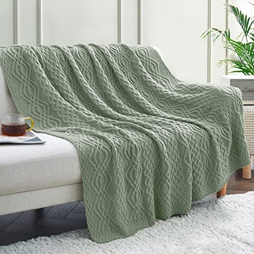 Image of Aormenzy Sage Green Cable Knit Throw Blanket, Soft & Warm Knitted Blanket Oversized for Couch Bed Sofa Living Room, 60 x 80 inch