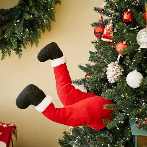 Image of JOYWU Santa Stuffed Leg Stuck in Tree for Christmas Tree Decoration,15 In Bendable Santa Elf Leg with Black Shoes,Plush Christmas Elf Legs,Red Santa Fake Legs Figure,Stuck Christmas Tree Topper