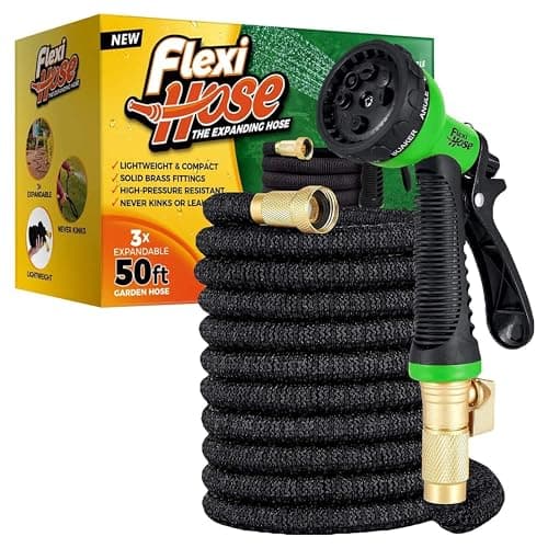 Image of Extendable Garden Hose Pipe - 8 Function Spray Gun - Extra Strength & Solid Brass Fittings - The Ultimate No-Kink Flexible Water Hose (Black, 15 Metres) Perfect for Fathers Day