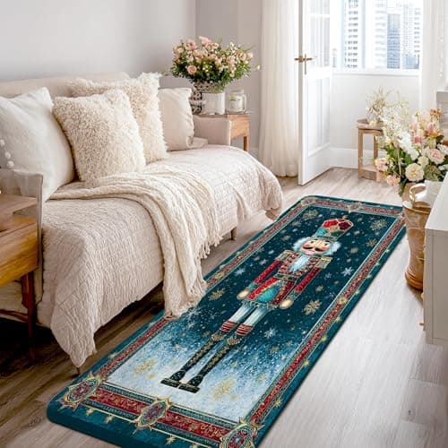 Image of Nutcracker Runner Rug, Christmas Festive Snowflakes Stars Christmas Blue Non-Slip Soft Rectangle Carpet Stain Resistant for Kitchen Laundry Room Doorway Entryway Decor 2x8 Ft