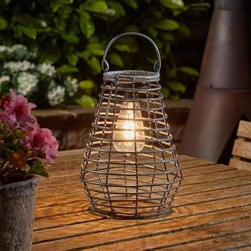 Image of Garden Mile Solar LED Rattan Lantern Outdoor Hanging Light - Grey Solar Powered Table Lamp for Garden Decor, Patio Ambience, Waterproof Decorative Lantern for Patio, Pathway, and Alfresco Dining