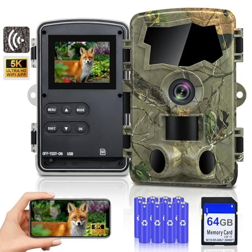 Image of 5K Wildlife Camera,64MP Full HD Wildlife Camera With Night Vision Motion Activated with Mobile Phone Transmission App with Battery, Infrared Trail Camera with 64G SD Card & 8 x AA Batteries,IP66