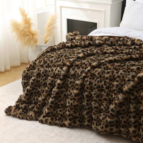 Image of DREAMLANDING Faux Rabbit Fur Luxury Plush Sherpa Throw Blanket Reversible Fuzzy Warm Cozy Fluffy Fur Blanket for Bed Sofa Couch Home Decor (Leopard, 150 * 200cm)