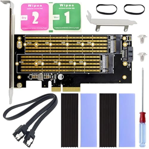 Image of ZHUROUPU 2 in 1 M.2 SSD to PCIe 4.0 X4 Adapter Conversion Card, NVME (M-Key) and SATA (B-Key) Dual Expansion Card 22110 2280 2260 2242 2230 M.2 SSD to PCI-E X4 Heatsink and SATA Cable
