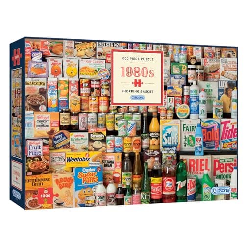 Image of Gibsons 1980s Shopping Basket 1000 Piece Jigsaw Puzzle for Adults – Retro Grocery & Vintage Packaging Artwork by Robert Opie – Premium Sustainable Puzzle Made in the UK/EU