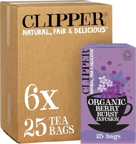 Image of Clipper Organic Berry Burst Tea Bags | 150 Infusion Blackcurrant & Mix Fruit Teabag Sachets (6x Boxes of 25) | Bulk Buy, Home & Catering | Caffeine-Free Herbal Tea | Natural, Unbleached, Biodegradable