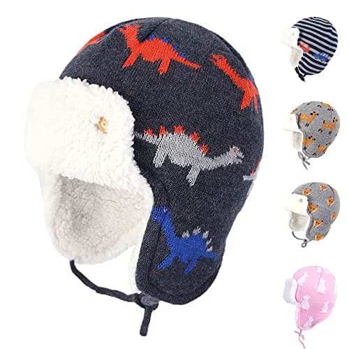 Image of Gajaous Baby Boys Girls Winter Animals Earflap Beanie Hat Kids Infant Dinosaur Fox Pattern Fleece Lining Warm Hat