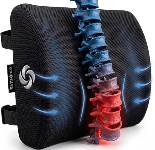 Image of Samsonite SA5243 - Ergonomic Lumbar Support Pillow - Helps Relieve Lower Back Pain - 100% Pure Memory Foam - Improves Posture - Fits Most Seats - Breathable Mesh - Washable Cover - Adjustable Strap
