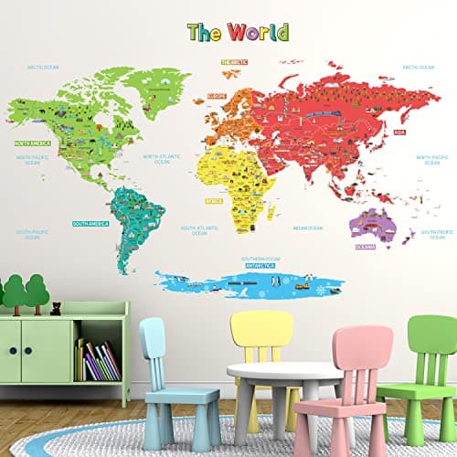 Image of DECOWALL SG2-1902S Large Educational World Map Wall Stickers Removable Colorful Decals for Kids Nursery Bedroom Art décor playroom Murals