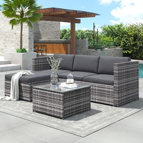Image of BTM Garden Corner Sofa, PE Rattan Garden Sofa Set, Garden Furniture Set with Coffee Table, Grey