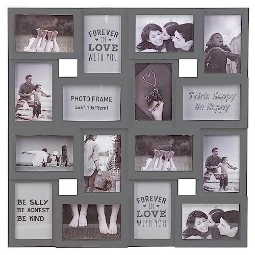 Image of Large Multi Aperture Collage Picture Photo Frame Holds 16 Photos 6x4 Wood Look Square 3D Wall Display Decor (Grey)