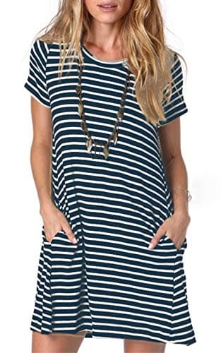 Image of Ancapelion Women's Casual Striped T Shirt Dresses Short Sleeve Loose Mini Tunic Blue Dress for Ladies