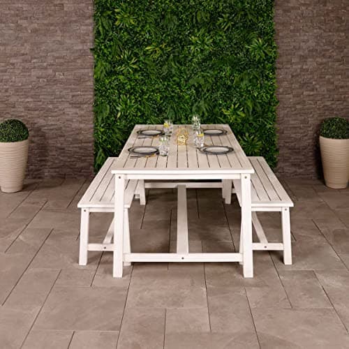 Image of CHARLES BENTLEY FSC® 100% Acacia White Wooden Bench Dining Set, 4-6 Seater, Large Table, Two Benches, Outdoor, Garden, Furniture, Modern Design, Sustainable, Hardwood, 3 Piece, Ethical (180x94x74cm)