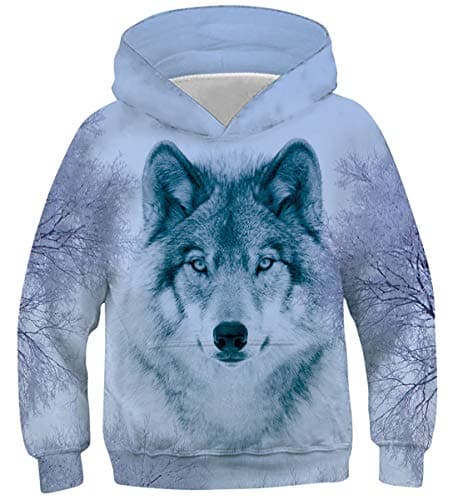 Image of Belovecol 3D Hoodie Boys Girls Long Sleeve Jumpers Animal Pocket Print Pullover Hoody Casual Sweatshirt, Alone Wolf, S