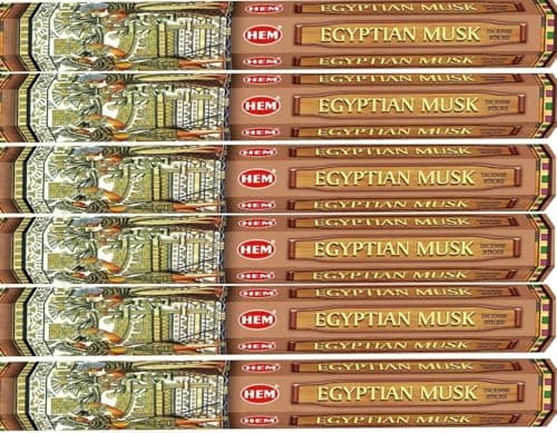 Image of HEM Egyptian Musk Incense Sticks – 6 Pack (120 Sticks) with Wooden Incense Burner | Warm, Musky Scent for Relaxation, Meditation, Yoga, Home Fragrance & Spiritual Cleansing – Gift Set
