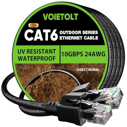 Image of VOIETOLT Outdoor Cat 6 Ethernet Cable 20m, Water Resistant Direct Burial LLDPE UV Jacket - 24AWG 10Gbps High Speed Gigabit Internet Network Cable - CCA, UTP with 20 Ties - Black