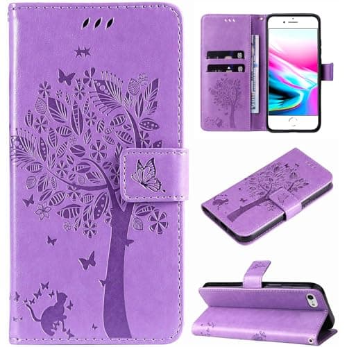 Image of Hancda Case for iPhone SE 2022 / iPhone SE 2020 / iPhone 8 / iPhone 7 Leather Case Wallet Flip Cover with Card Holder Slots Design Pattern Magnetic Stand Strap Shockproof Phone Case Cover,Purple
