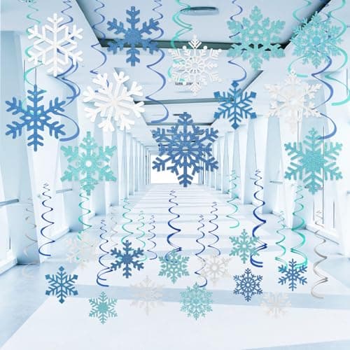 Image of KUKKUME 36 Pcs Christmas Ceiling Decorations Snowflake Christmas Hanging Swirls Blue and Silver Hanging Snowflake Decoration for Winter Wonderland Xmas New Year Holiday Party Supplies