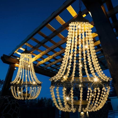 Image of Hanging Solar Lantern Outdoor, 28” Modern Clear Crystal Acrylic Chandelier with 30 Warm White Lights S Hook for Garden, Yard, Patio, Gazebo Decorations