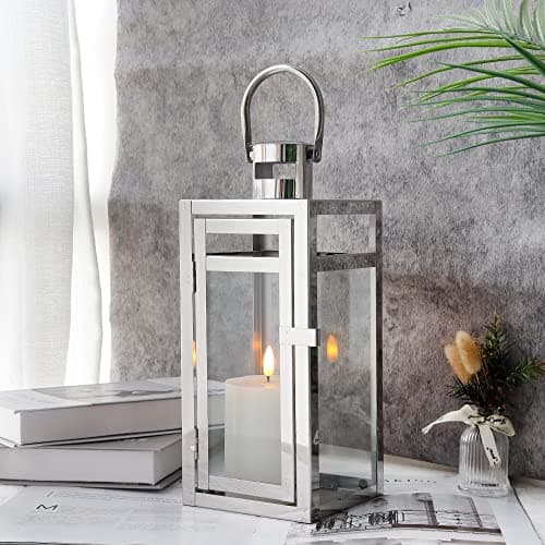 Image of TRIROCKS Stainless Steel Decorative Lantern 30cm High Metal Hanging Candle Holder with Clear Glass Panels Perfect for Home Decor Living Room Parties Events Tabletop Indoors Outdoors (Silver)