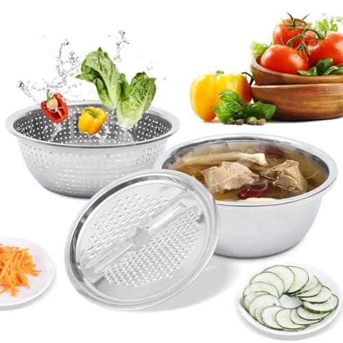 Image of 3 in 1 Multifunctional Stainless Steel Basin (Filter, Grater,Bowl) Drain Basket Grater Stackable Grater Bowl Vegetables Cutter and Fruits Washing Bowl with Drain Basket Kitchen Tools 3 Set 28Cm
