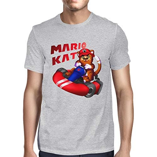 Image of 1Tee Mens Mario Kat Cat Gaming T-Shirt Heather Grey Small