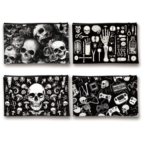 Image of INFUNLY 4PCS Horror Skull Canvas Cosmetic Bags Set 5.9x9 Skull Hands Makeup Bag with Zipper Travel Pouch Multi-Functional Travel Toiletry Pouch Portable Pencil Case Gift for Women Girls