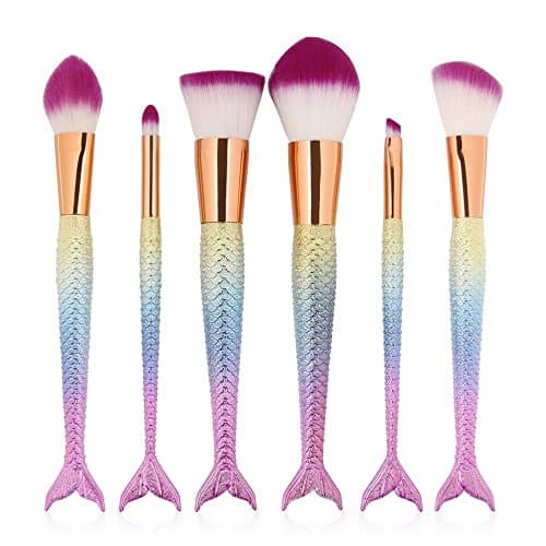 Image of YZiMeng 6 Pieces Mermaid Makeup Brush Set Lovely Makeup Brush Kit for Girls Portable Beauty Cosmetic Tools Women Cosmetic Concealer Brush